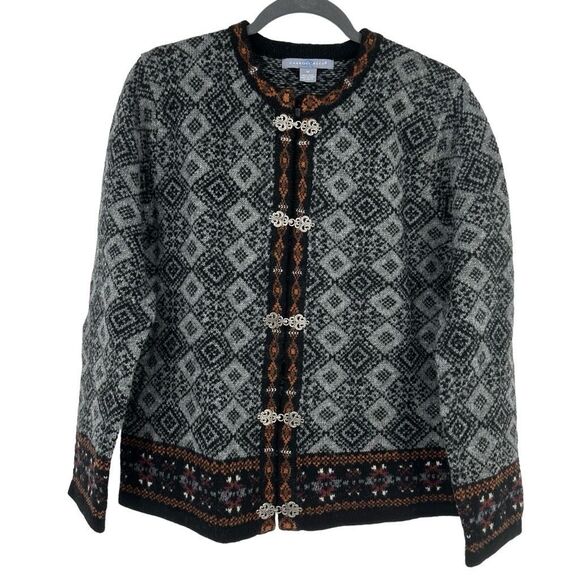Vintage Sweaters - Vintage Caroll Reed Cardigan Sweater Fair Isle Wool Metal Frog Clasp Nordic
